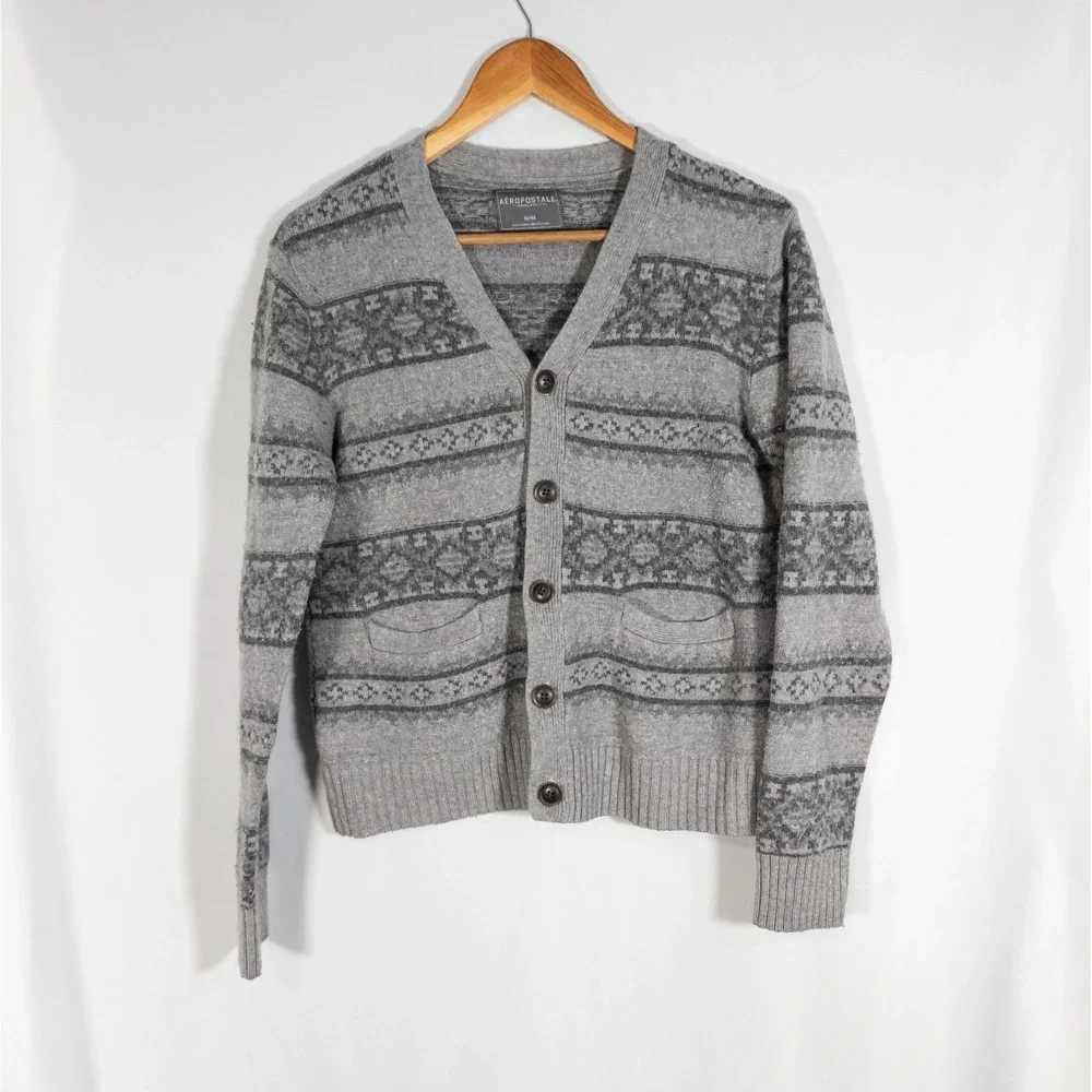 Aeropostal Men's Cardigan Sweater Retro Gray Fair Isle Knit Wool Sz M
